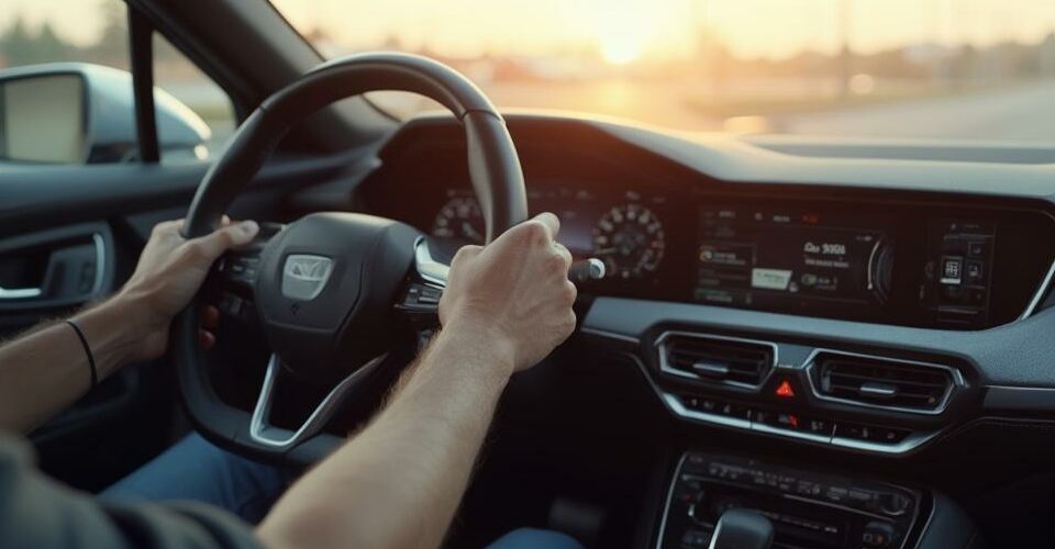 Vue de l'intérieur d'une voiture au volant lors d'un coucher de soleil.